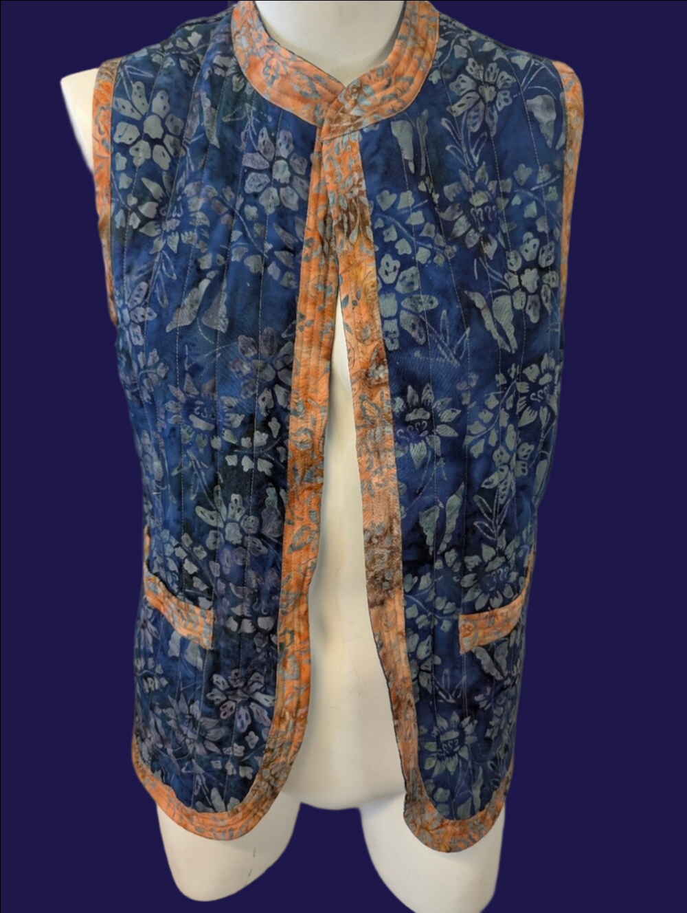 Vintage Quilted Vest Reverse Fabric  Blue with Orange Trim Orange With Blue Trim